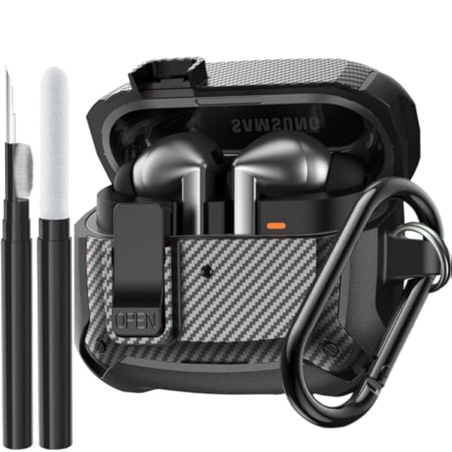 Compatible Samsung Galaxy Buds 3 Pro Case/Bud3 Cover Lock Clip For Men, Military Shell Galaxy Buds Pro 3/ Bud 3 Protective Armor Skin With With Cleaner Kit & Carabiner, Black