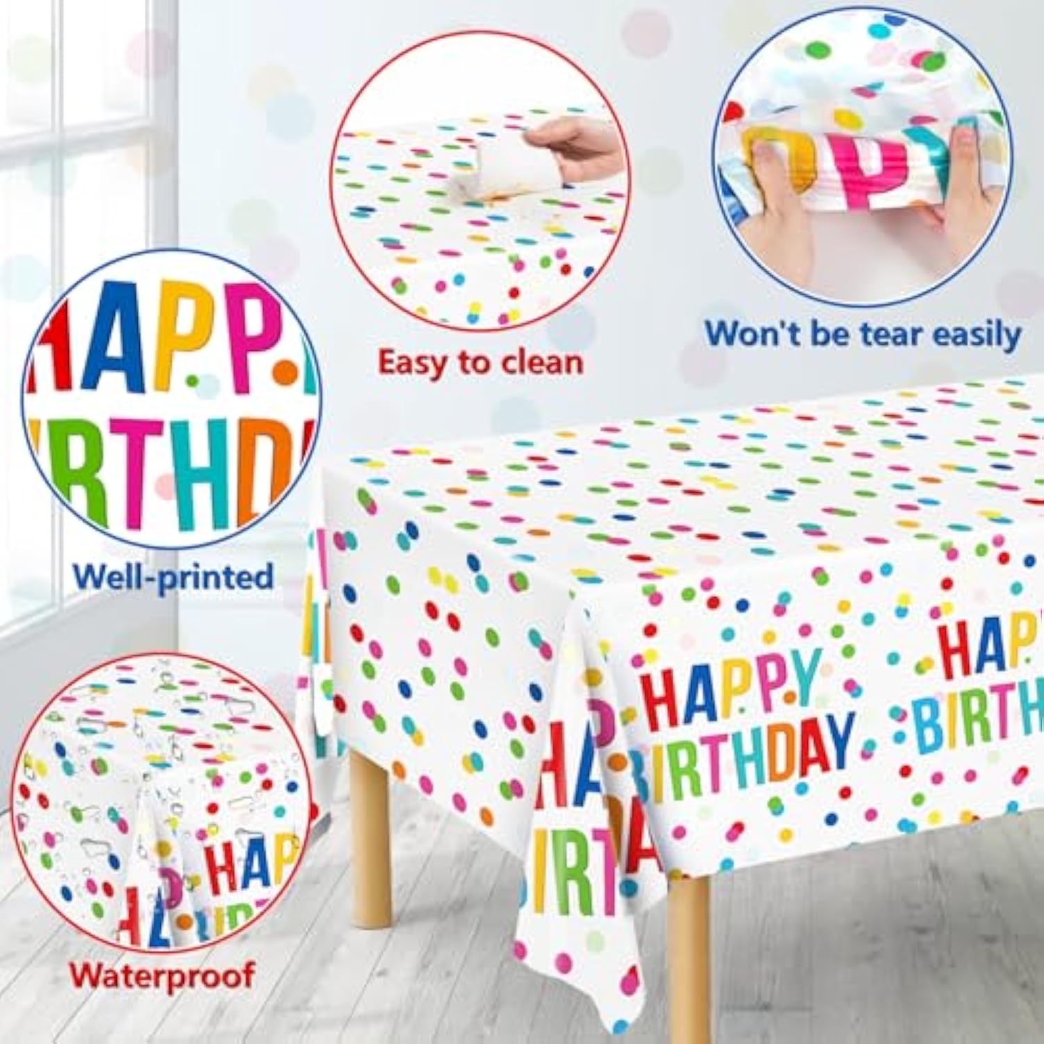 3pcs Birthday Tablecloth Set, Colorful Dots, Waterproof, 54x108" Party Decor