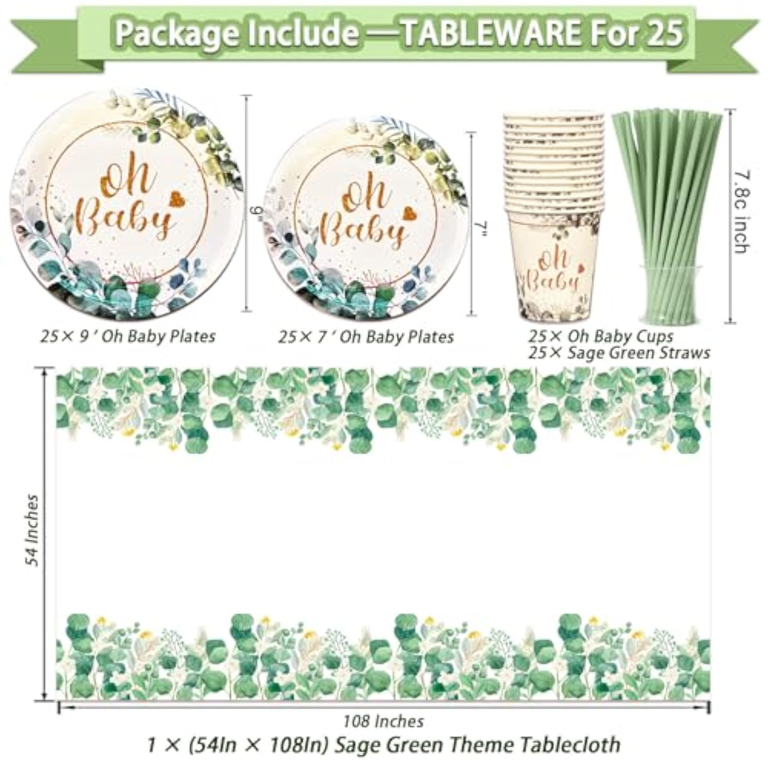 217 Pcs Sage Green Baby Shower Decorations, Neutral Baby Shower Decor Supplies- Disposable Dinnerware Set With Eucalyptus Leaf (25 Guest), "Oh Baby" Banner, Balloon, Sash, Cake Topper