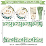 217 Pcs Sage Green Baby Shower Decorations, Neutral Baby Shower Decor Supplies- Disposable Dinnerware Set With Eucalyptus Leaf (25 Guest), "Oh Baby" Banner, Balloon, Sash, Cake Topper