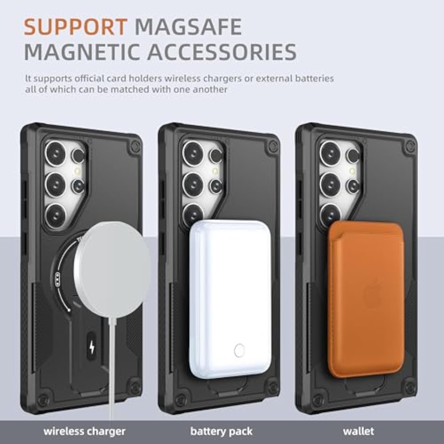 Samsung Galaxy S24 Ultra Case with MagSafe Compatible, 2 Pcs Fingerprint Unlock Glass Screen Protector, Built in Invisible Stand, Shockproof Protective Phone Cover 6.8-inch Black