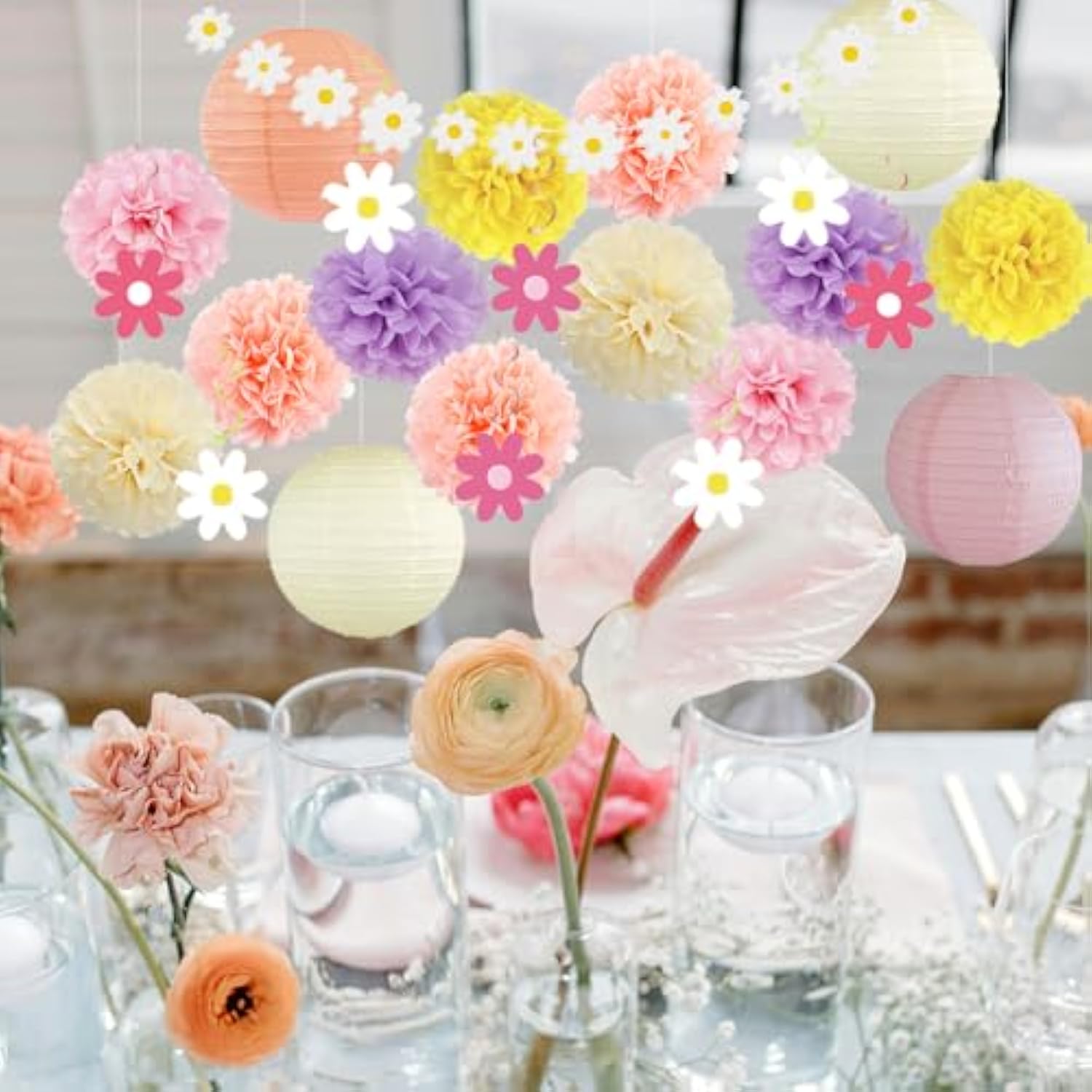 Spring Party Decorations Pastel Daisy Party Decorations Boho Rainbow Daisy Flower Hanging Swirls Poms Lanterns Pink Peach Banner White For Birthday Women Girl Baby Shower Bridal Shower Wedding