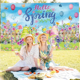 Hello Spring Backdrop Banner, 72.8" X 43.3" Spring Photography Backdrop Flowers Background Banner For Holiday Party Decorations