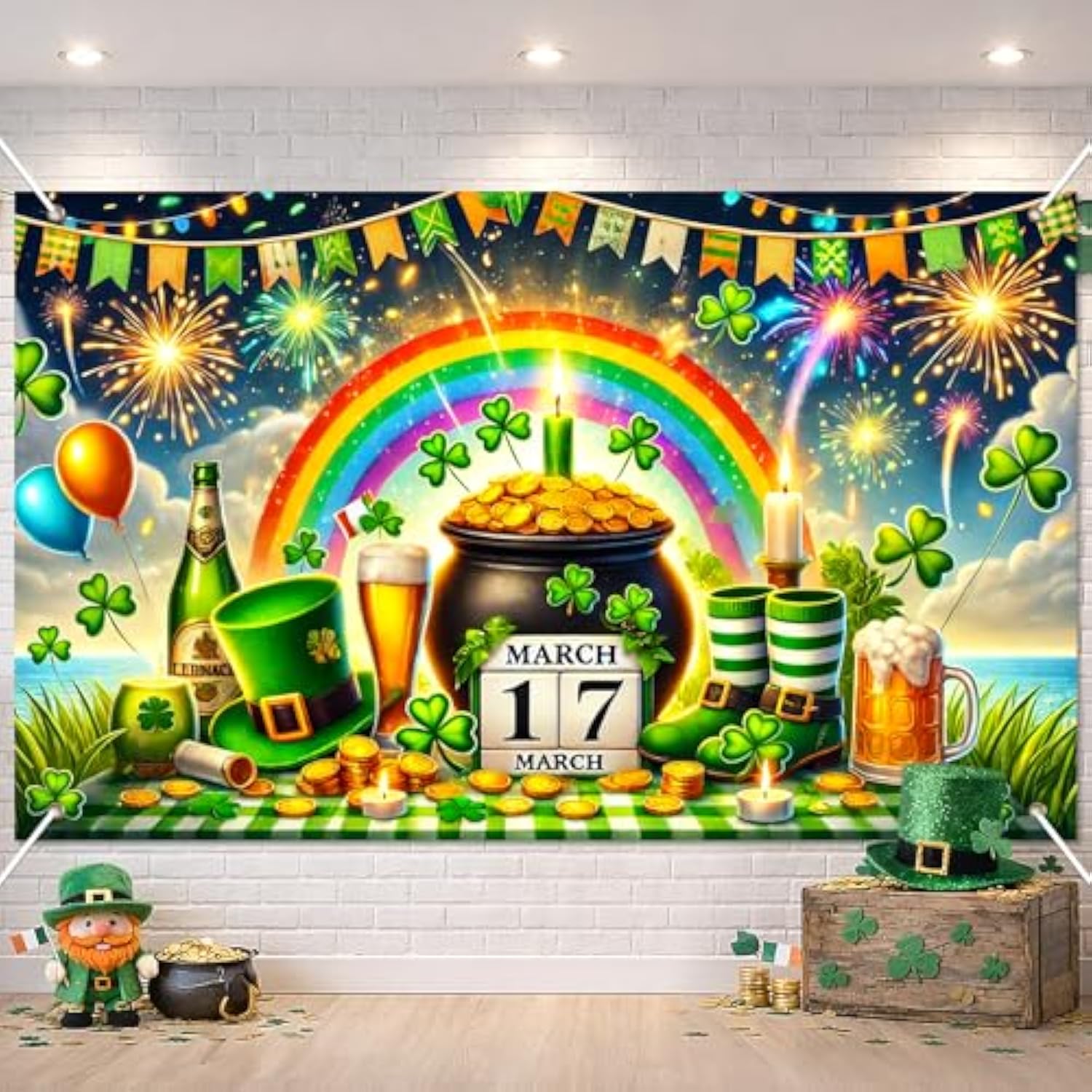 St. Patrick'S Day Banner Happy St. Patrick'S Day Decorations Rainbow Gold Coin Shamrock Party Wall Decor March 17 Holiday Photo Background Indoor Outdoor 71X43 Inch