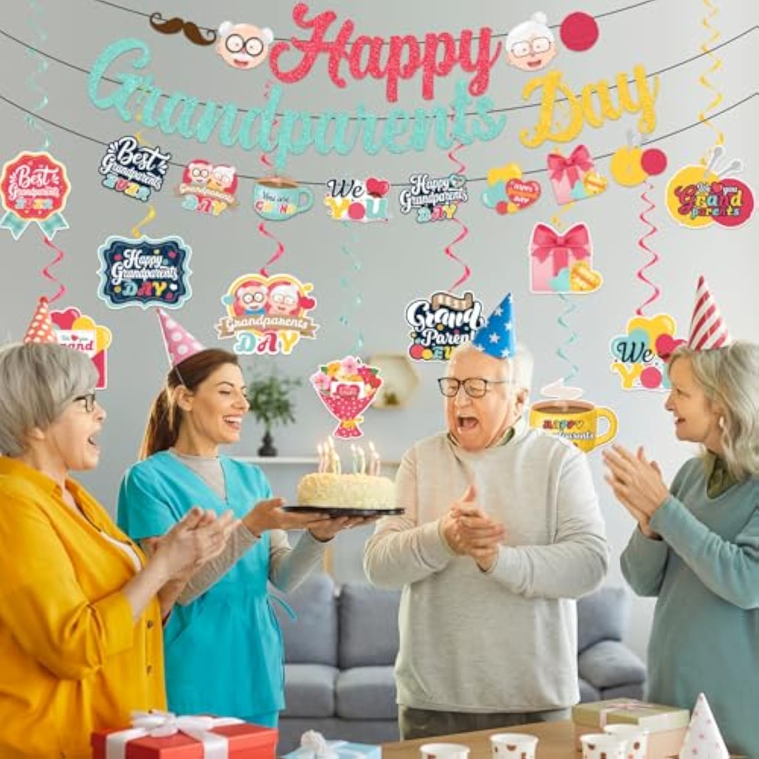 Grandparents Day Decorations, Happy Grandparents Day Banner Hanging Swirls And Grand Parents Day Garland For Grandma And Grandpa Party Supplies