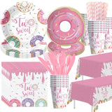Donut Two Sweet Birthday Decorations Tableware Girl - Pink Donut 2Nd Birthday Party Supplies, Paper Plate, Cup, Napkin, Tablecloth, Disposable Cutlery | Serves 24