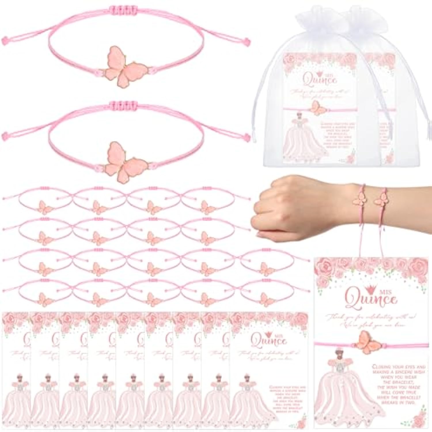 50 Sets Quinceanera Party Favors For Guests Butterfly Wish Bracelet With Thank You Cards And Organza Gift Bags Quinceanera Gift For Sweet 15 Year Birthday Supply Recuerdos De Quinceañera (Pink)