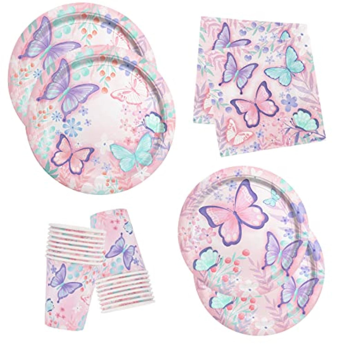Butterfly Birthday Party Supplies Disposable Paper Plates Napkins And Cups For Butterfly Girl Party Birthday Decorations, Serve 16