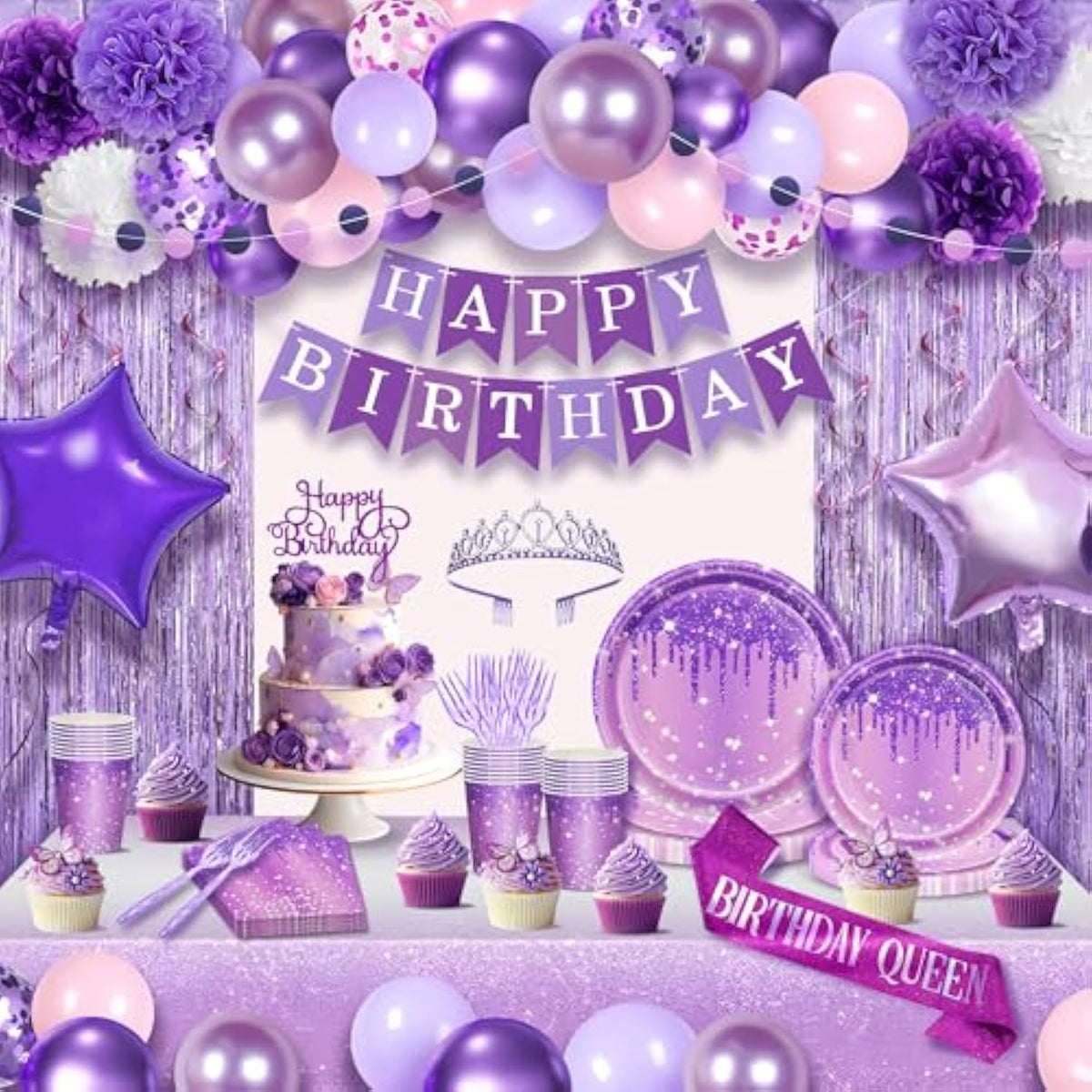 199 Pcs Purple Birthday Party Decorations For Women?Happy Birthday Party Decorations For Girls, 100 Pcs Paper Plates,Napkins And Forks For 20 Guests,Bday Sash And Crown,20 Tableware Sets