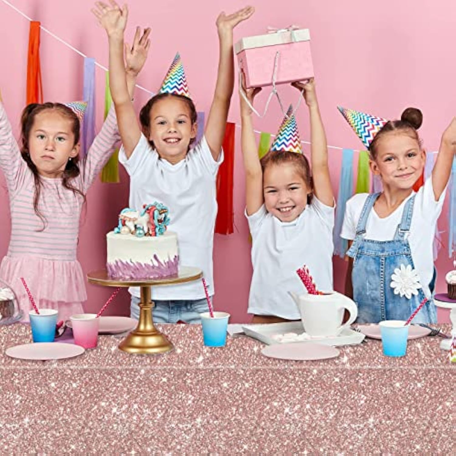 3Pcs Pink Rose Golden Birthday Party Tablecloths Rose Gold Sequin Plastic Table Cover Glitter Diamonds Happy Birthday Background Girls For Wedding, Graduation, Anniversary, Holiday(Plastic)