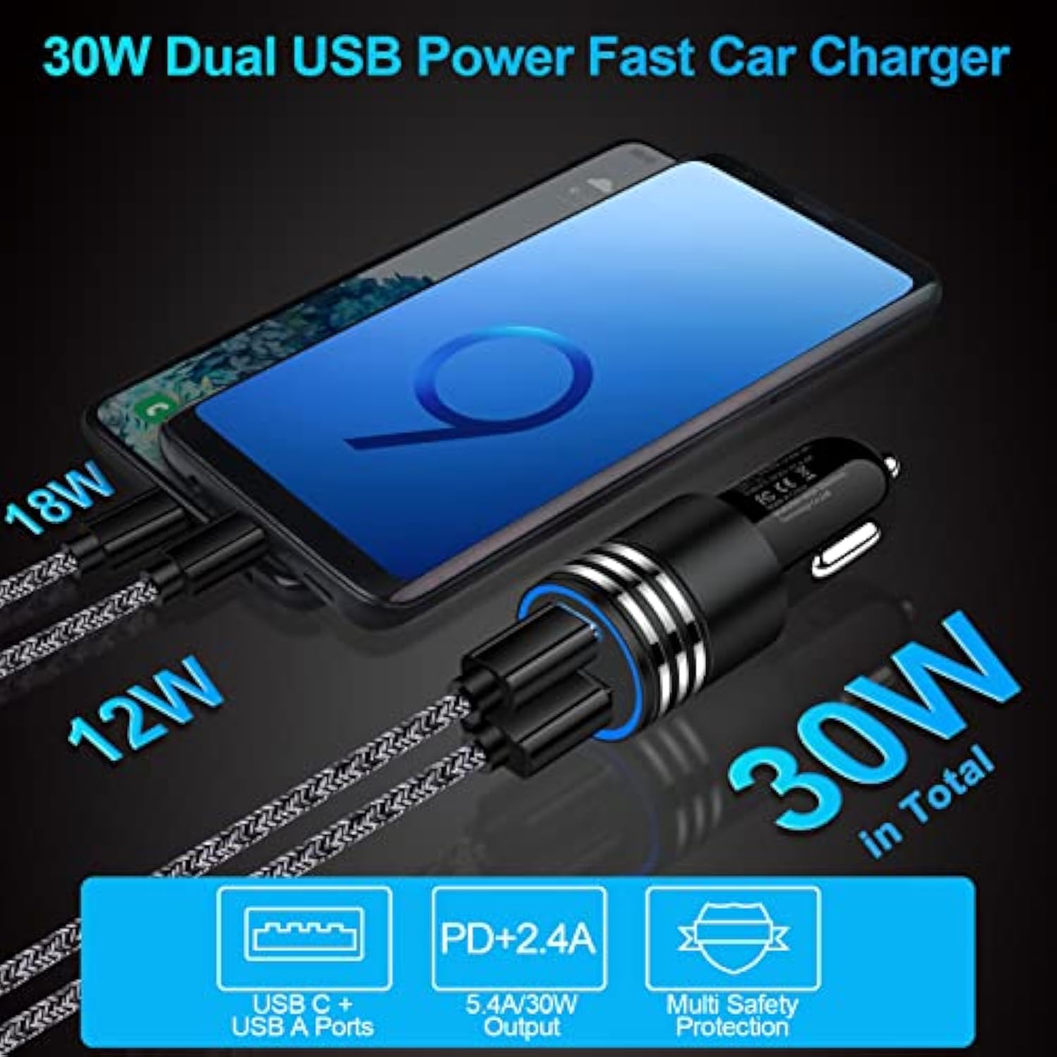 30W Fast Iphone Car Charger Type C Cigarette Lighter Adapter Car Plug With 3Ft Usb C To Usb C Fast Charging Cable For Iphone 17 Pro Max 17 Air 16E 16 15 Plus,Samsung S25 S24 S23,Google Pixel 10 9 8