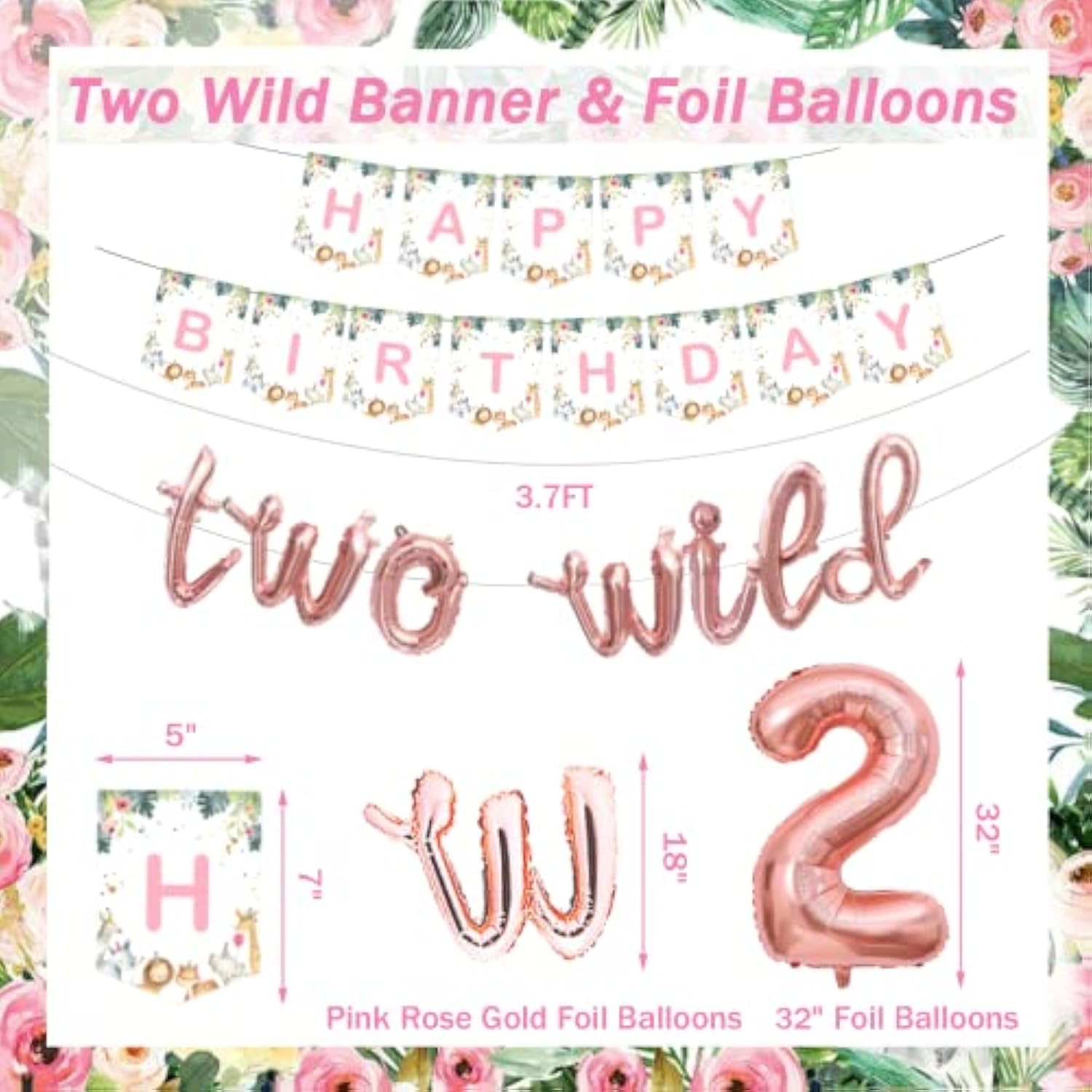 231 Pcs Two Wild Birthday Decorations Girl, Jungle Safari Animal Theme 2Nd Party Supplies Backdrop Balloon Garland Leaves Banner Tablecloth Cake Topper Plate Napkin Cup Straw Knife Fork Spoon