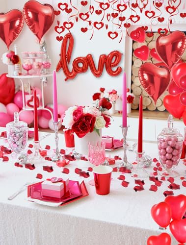 Valentines Day Decorations with Red Heart Balloons and Love Balloon, Fake Rose Petals for Wedding Decor, Anniversary Decorations Romantic with red Latex Balloons and Heart Hanging Decor.