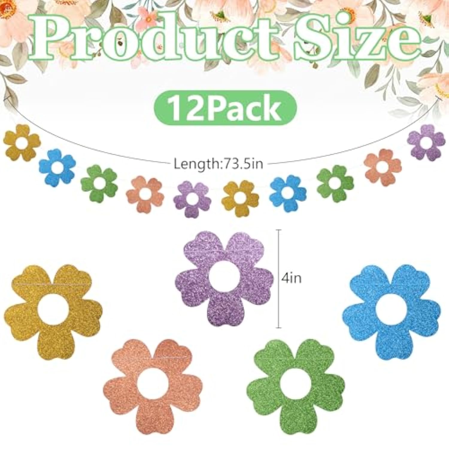 12 Pack Glitter Spring Flower Banner, Easter Flower Paper Hanging Garland, Spring Glitter Floral Cutouts Banner For Easter Spring Birthday Party Supplies Wall Fireplace Mantel Decor
