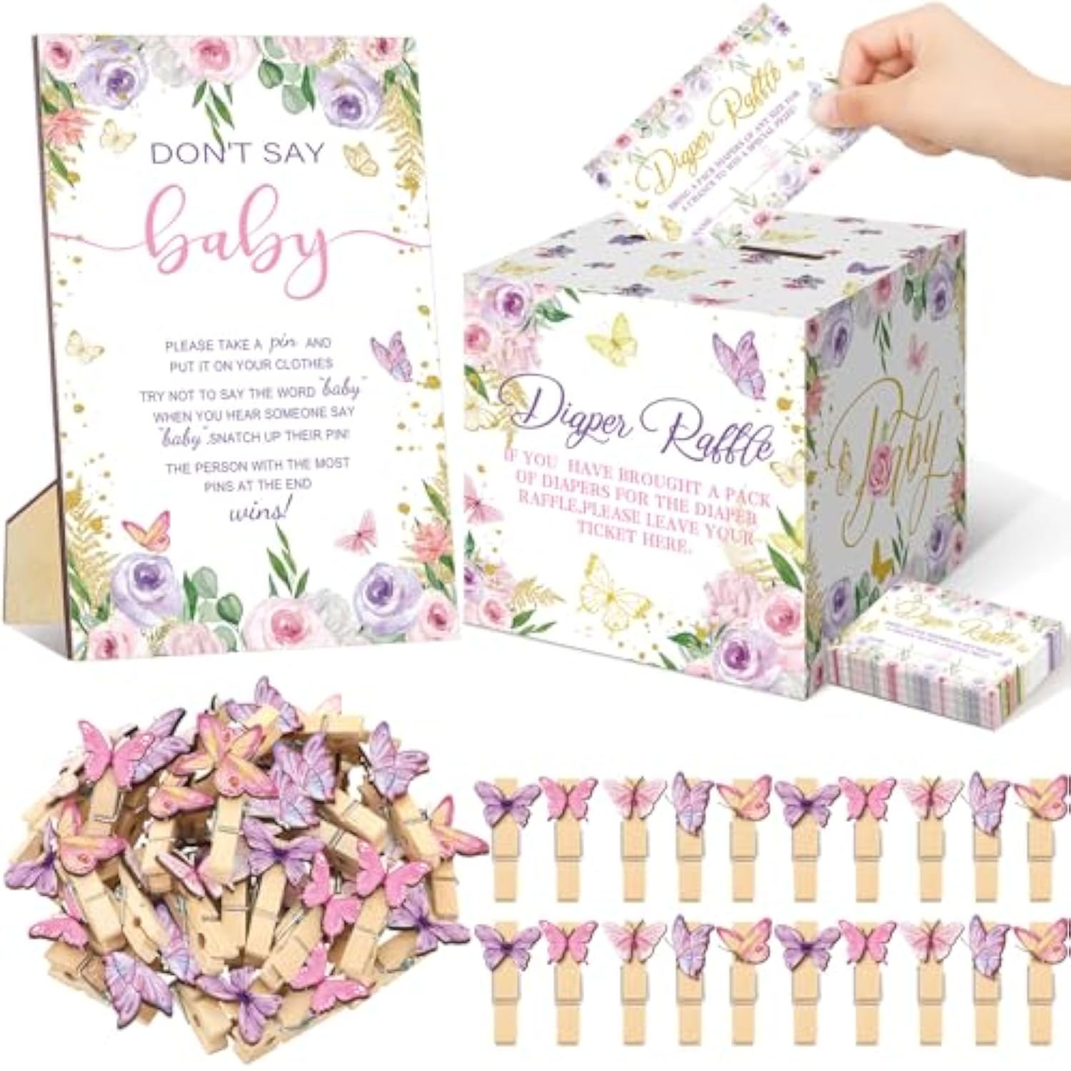 102 Pcs Butterfly Baby Shower Game Supplies Diaper Raffle Tickets With Diaper Raffle Card Box Don'T Say Baby Sign Mini Butterfly Clothespin Game Decor For Gender Reveal Favor