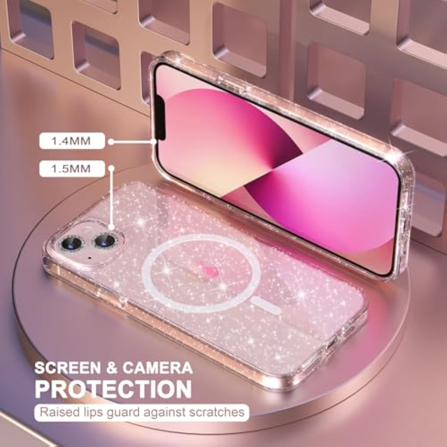 Magnetic Case For Iphone 13 Case, Women Glitter Sparkly Case, [2 X Diamond Camera Lens Protectors] [Non-Yellowing Shockproof Protective Cover] [Compatible For Magsafe] (Glitter Clear)