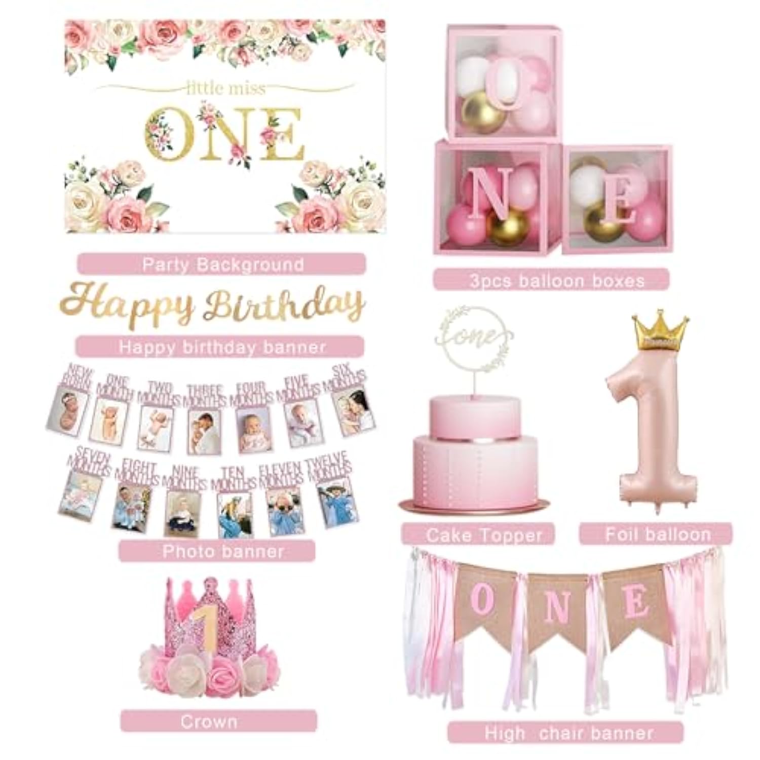 Girl's 1st Birthday Decor Set – Pink Gold Balloons, Banner, Backdrop, Crown & More