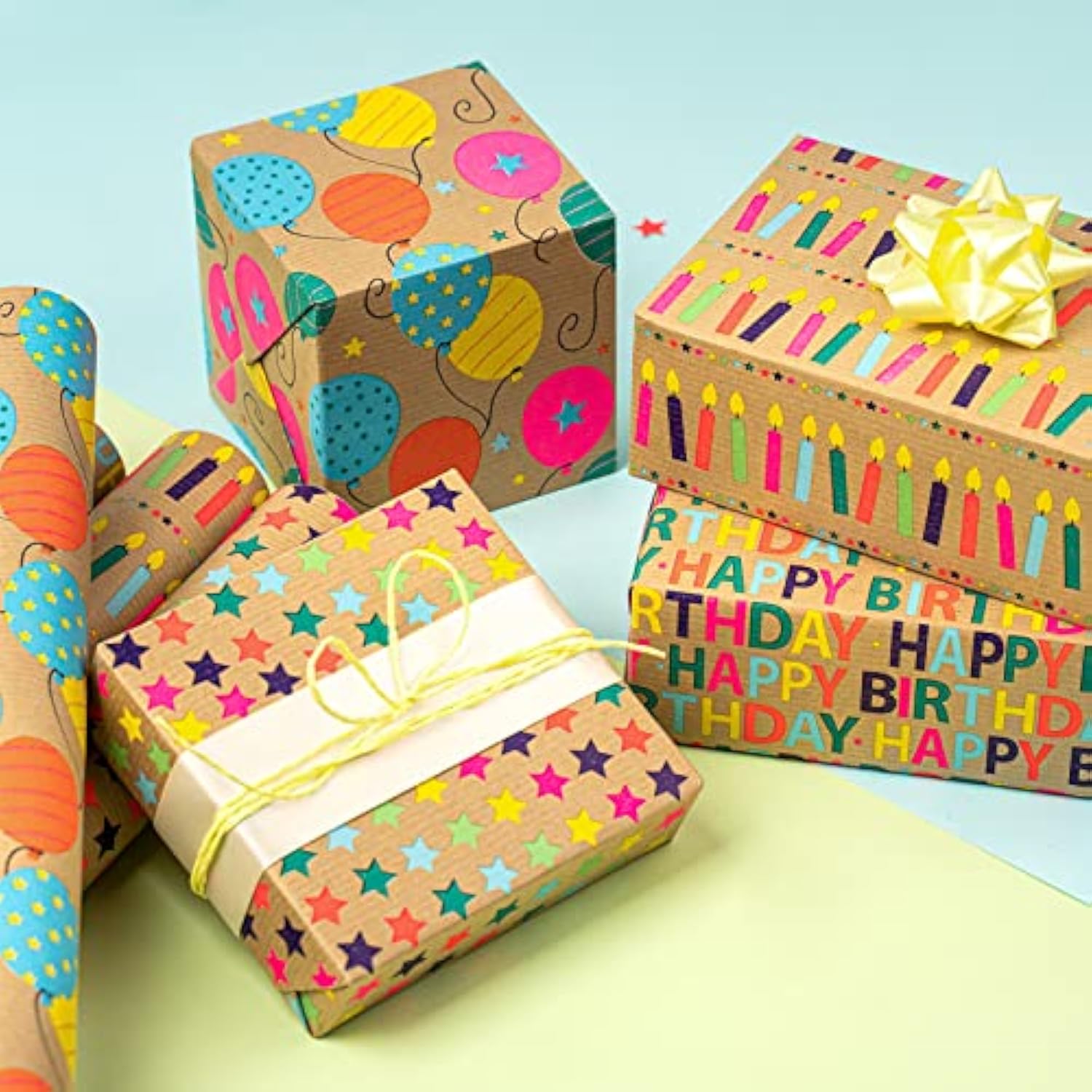 4 Rolls Kraft Birthday Wrapping Paper, 17"x10' Each, Colorful Design