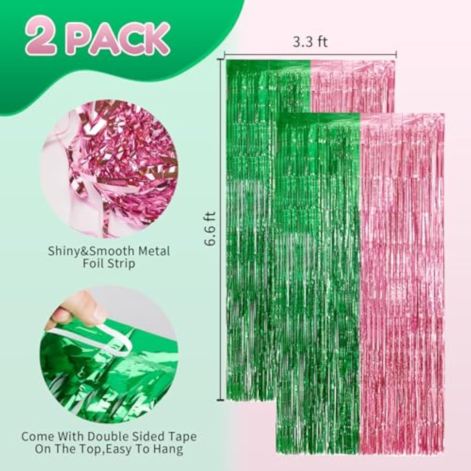 2-Pack Pink & Green Foil Fringe Backdrops 3.3×6.6 ft for Parties & Photo Booths