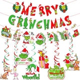 Green Monster Themed Christmas Decor - Merry Christmas Banner & Hanging Decorations For Party