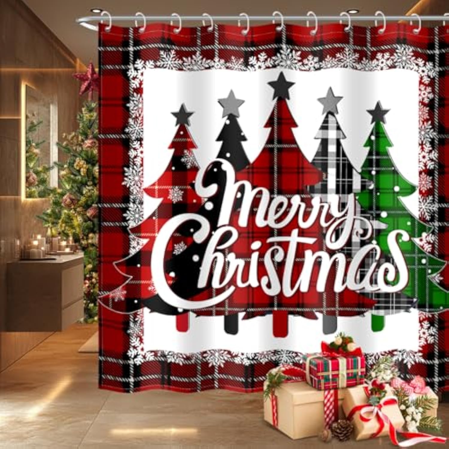 Christmas Shower Curtains For Bathroom,Red Buffalo Plaid Snowflakes Shower Curtain Winter Xmas Tree Merry Christmas Bathroom Decor With 12 Hooks Holiday Waterproof Fabric Shower Curtain 72X72 Inch