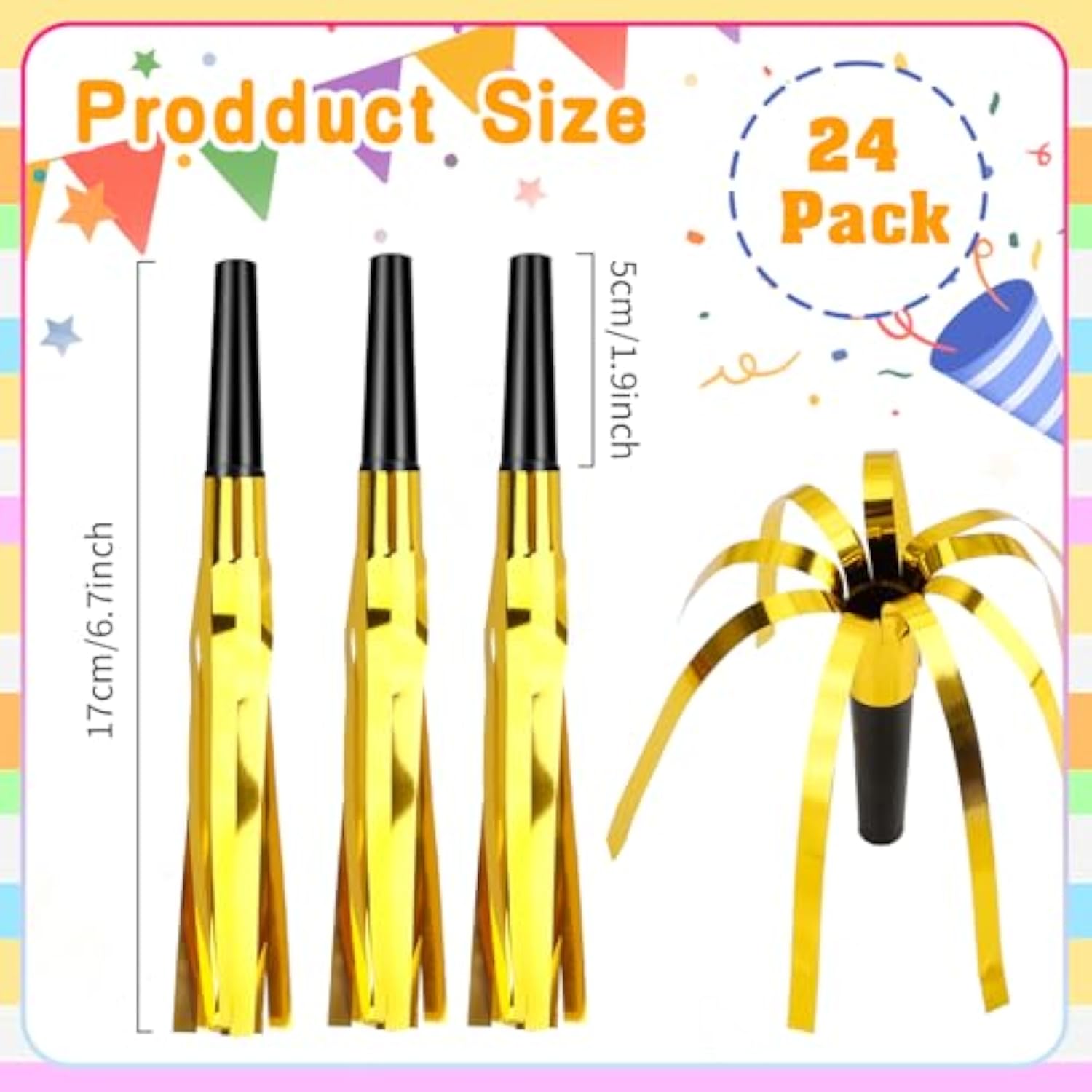 24-Pack Gold Glitter Noise Makers for Parties and Holidays