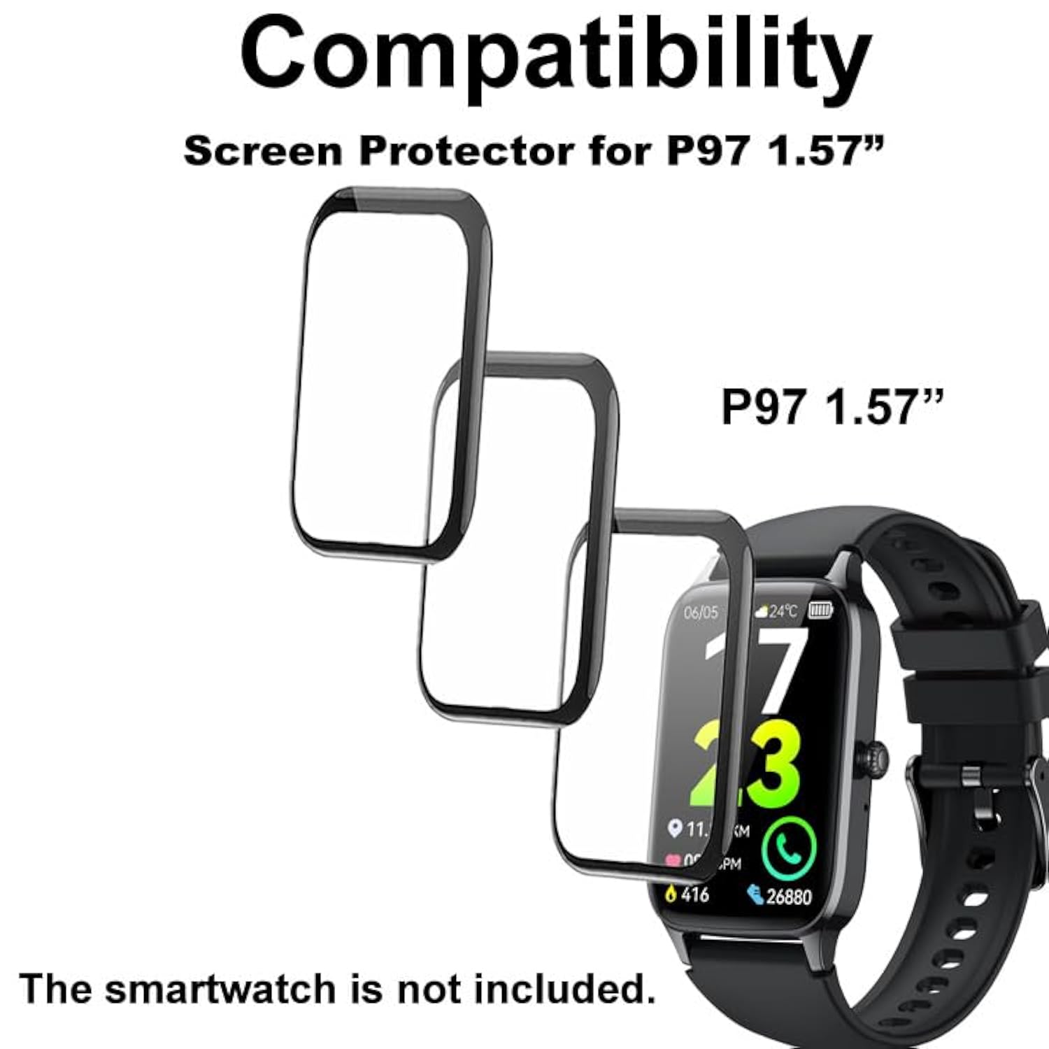 3D Screen Protector Compatible With P97 1.57 Inches Soudorv Fitness Tracker Smartwatch, Pmma, Full Coverage, 3 Pieces