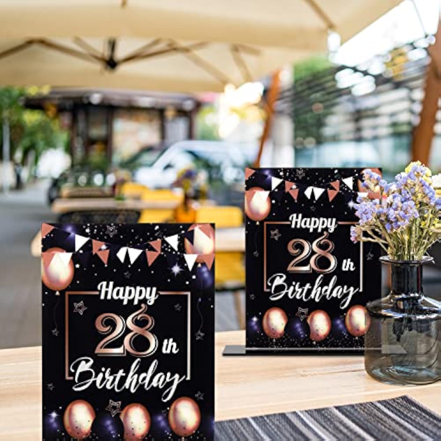 Happy 28Th Birthday Black & Gold Balloon Acrylic Table Poster Centerpi
