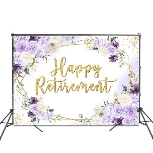 Happy Retirement Backdrop 7x5ft Purple and White Flowers Retirement Party Decorations Background Congrats Retired Banner Photo Booth Props