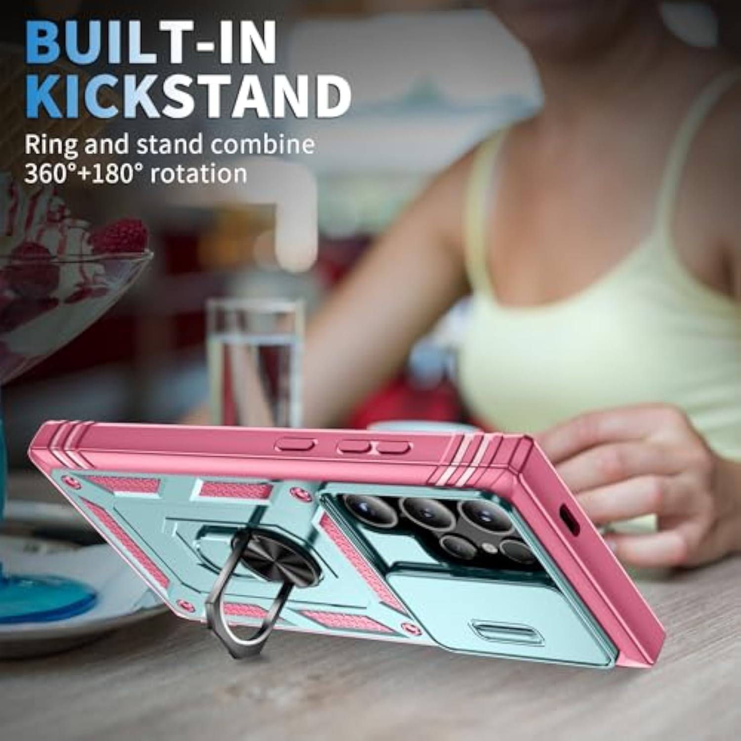 Case For Galaxy S24 Ultra, Slide Lens Protective Case Shockproof Impact Resistant With Kickstand Cover Case For Samsung Galaxy S24 Ultra 5G 6.8" (Green Pink)