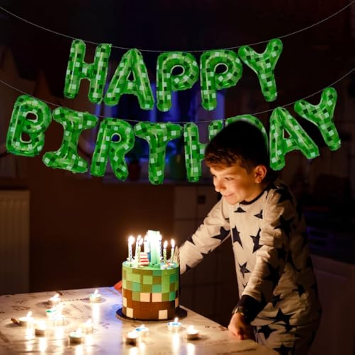 Green Pixel Themed Happy Birthday Banner Party Decorations Kit With Pixel Balloons,Tnt Pixel Backdrop Supplies For Boys Kids Indoor Outdoor Celebration, Themed Party Essentials (Pixel Green)