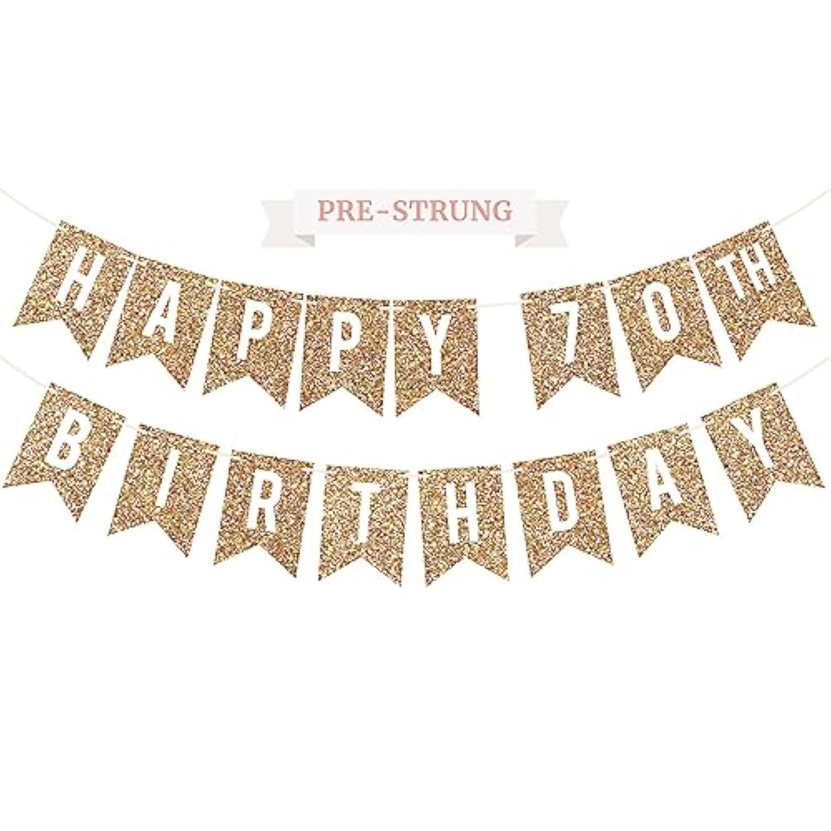 Pre-Strung Happy 70Th Birthday Banner - No Diy - Gold Glitter 70Th Birthday Party Banner For Men & Women - Pre-Strung Garland On 6 Ft Strands - Gold Bday Party Decorations & Decor - No Diy