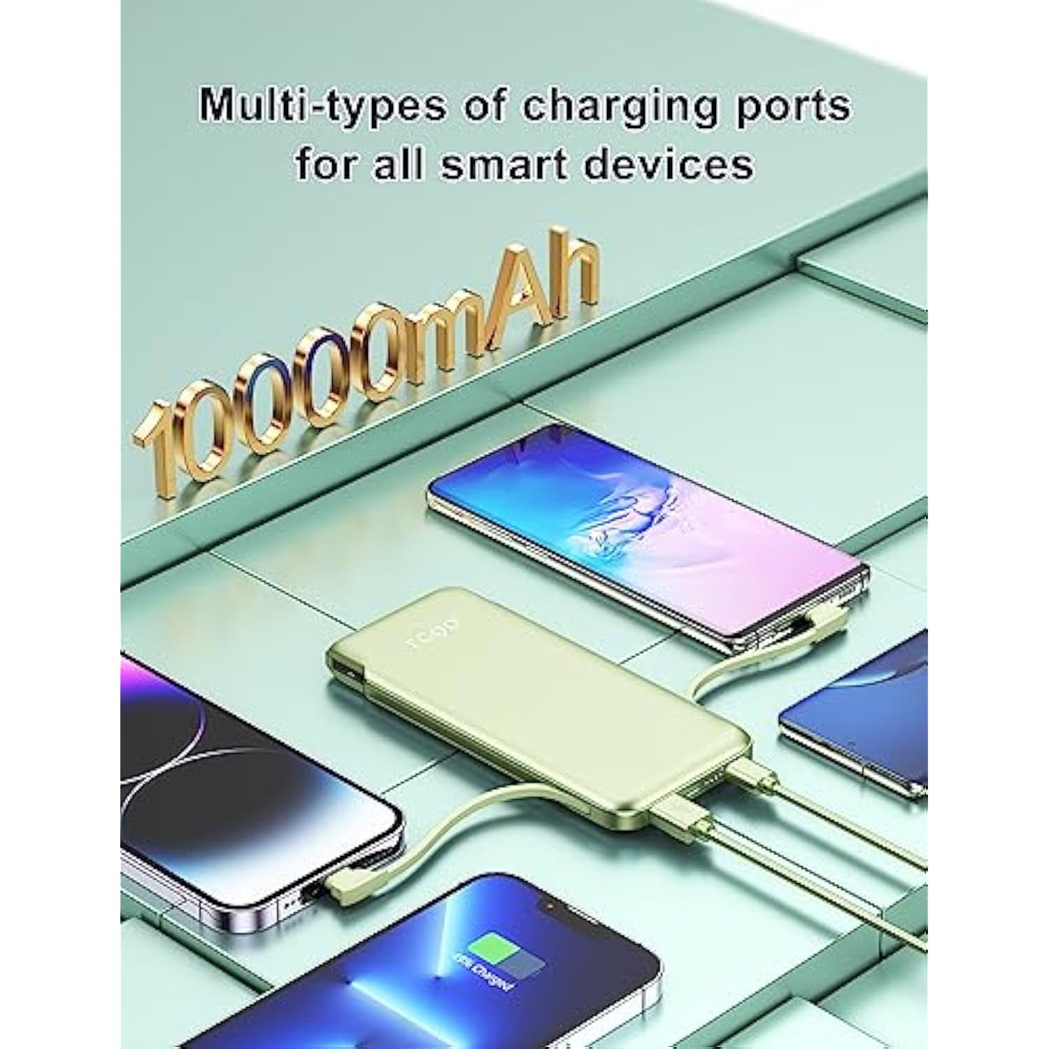 10000Mah Power Bank Portable Charger With Built In Cables And Ac Wall Plug, Phone Charger External Battery Pack Compatible With Iphone Android Smart Devices