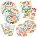 Retro Rainbow Themed Happy Birthday Party Supplies Set - Vibrant Disposable Paper Plates, Cups And Napkins - Fun & Colorful Design For Boys/Girls - For 16 Guests
