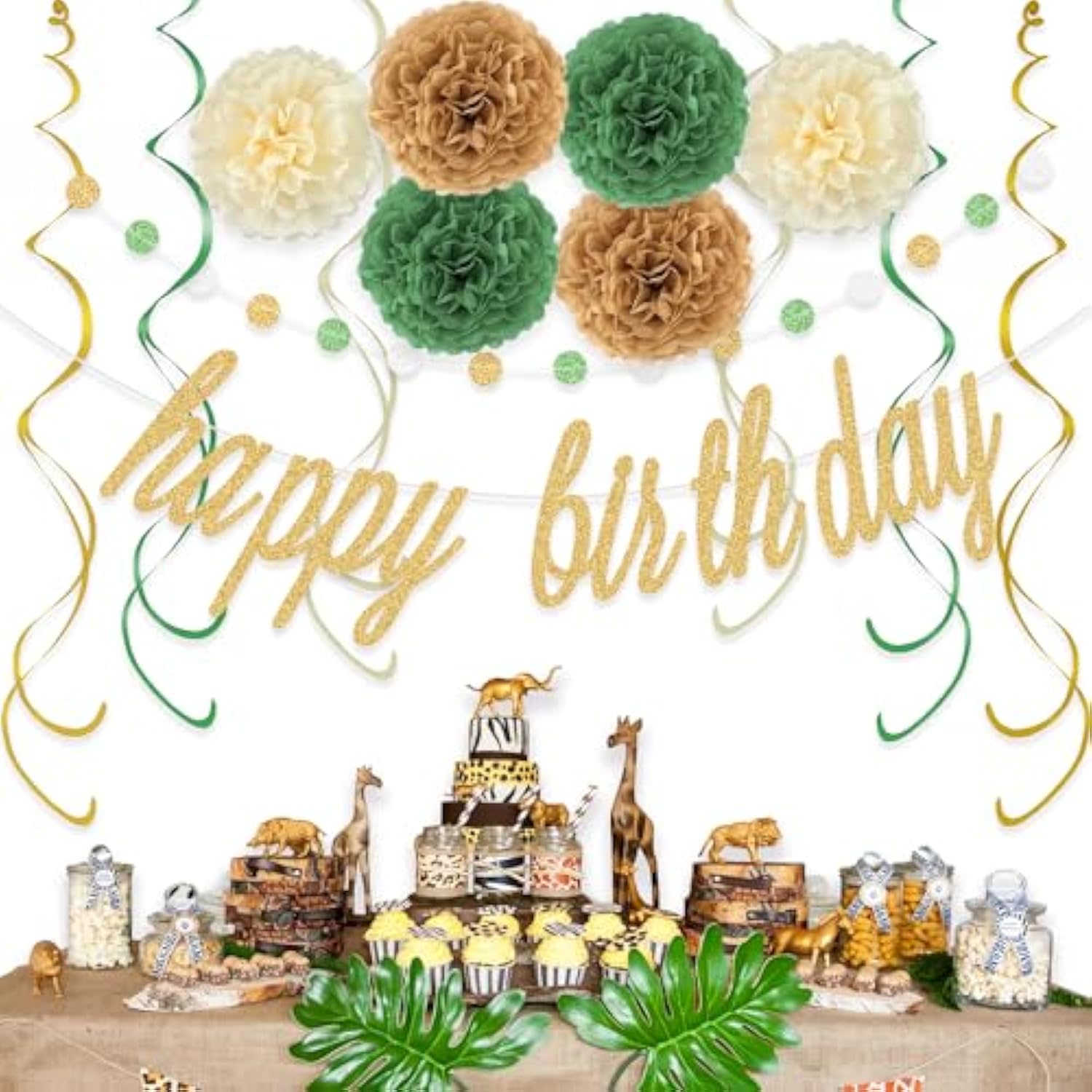17pcs Sage Green Gold Birthday Set - Banner, Pom Poms, Swirls & Garland Decor