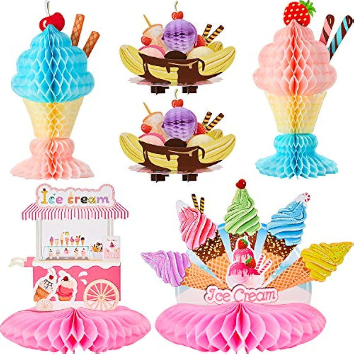 6 Pieces Ice Cream Table Centerpiece Tissue Ice Cream Honeycomb Table Centerpieces For Theme Party Decorations Supplies Birthday Baby Shower