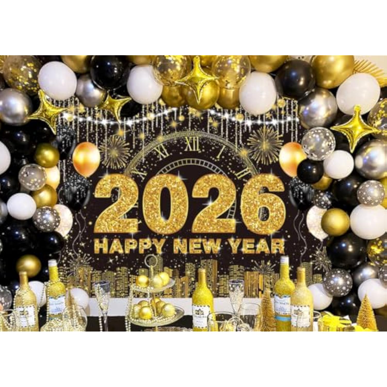 2026 New Year Black Gold Backdrop 7x5 ft for Party and Photo Booth Decor