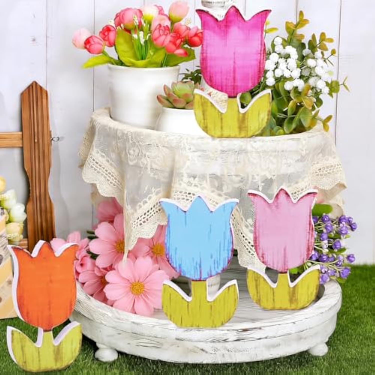 6 Packs Spring Tulip Wooden Centerpieces For Table Decorations, Rustic Tulip Flower Wood Tabletop Signs For Indoor Home School Office Mantel Tiered Tray Decor