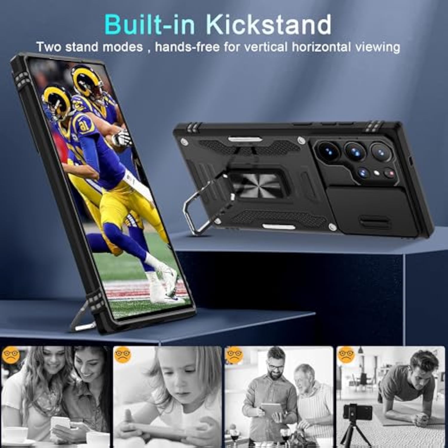 Case For Samsung Galaxy S24 Ultra With Slide Camera Cover+Screen Protector (1 Pack), Rotated Ring Kickstand Grade Shockproof Protective Cover-Black