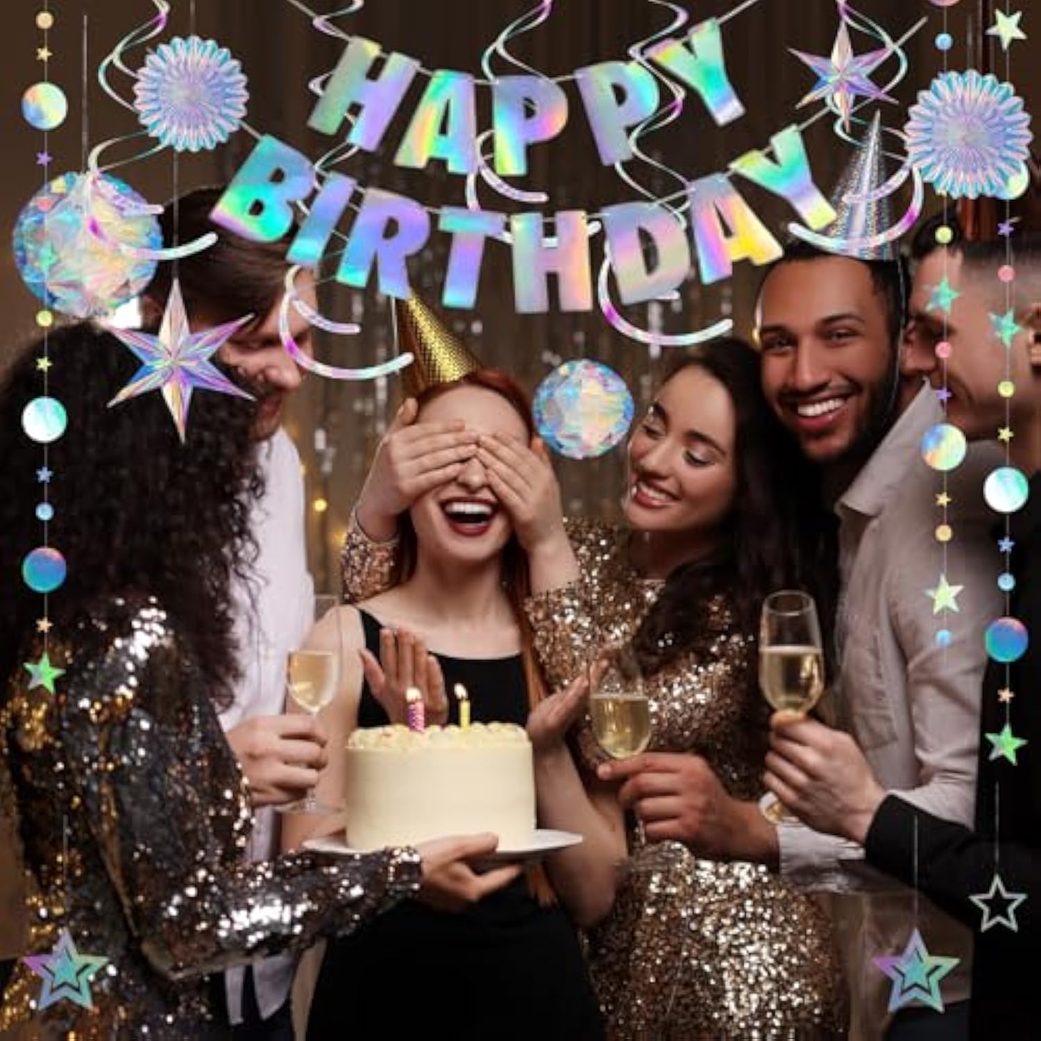 23 Pcs Iridescent Birthday Party Decorations, Disco Holographic Party Decorations Include Happy Birthday Banner Hanging Honeycomb Ball Paper Fan Snowflake Garlands Star Decoration