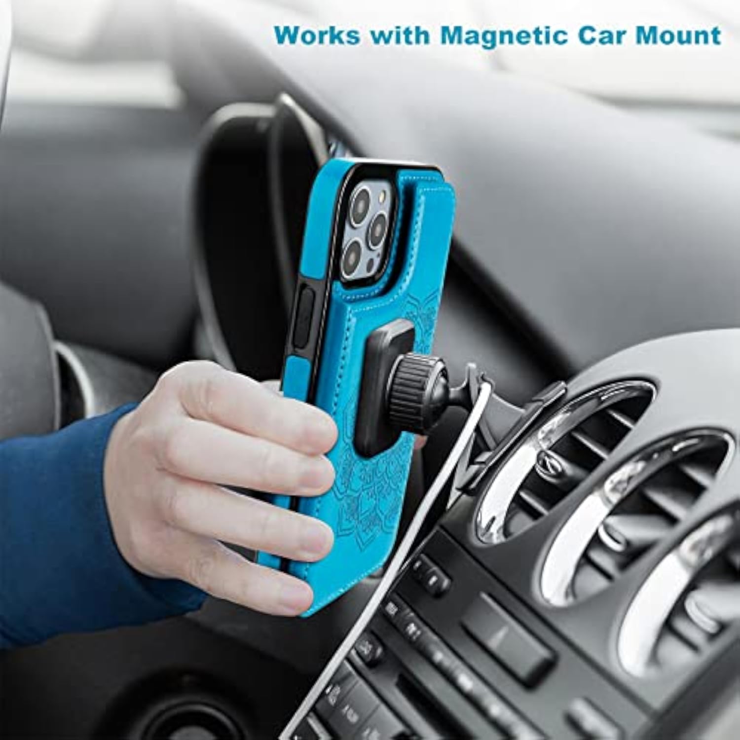 Mandala Pattern PU Leather Double Buttons Flip Case with Card Holder for iPhone 14 Pro 6.1 Inch Blue