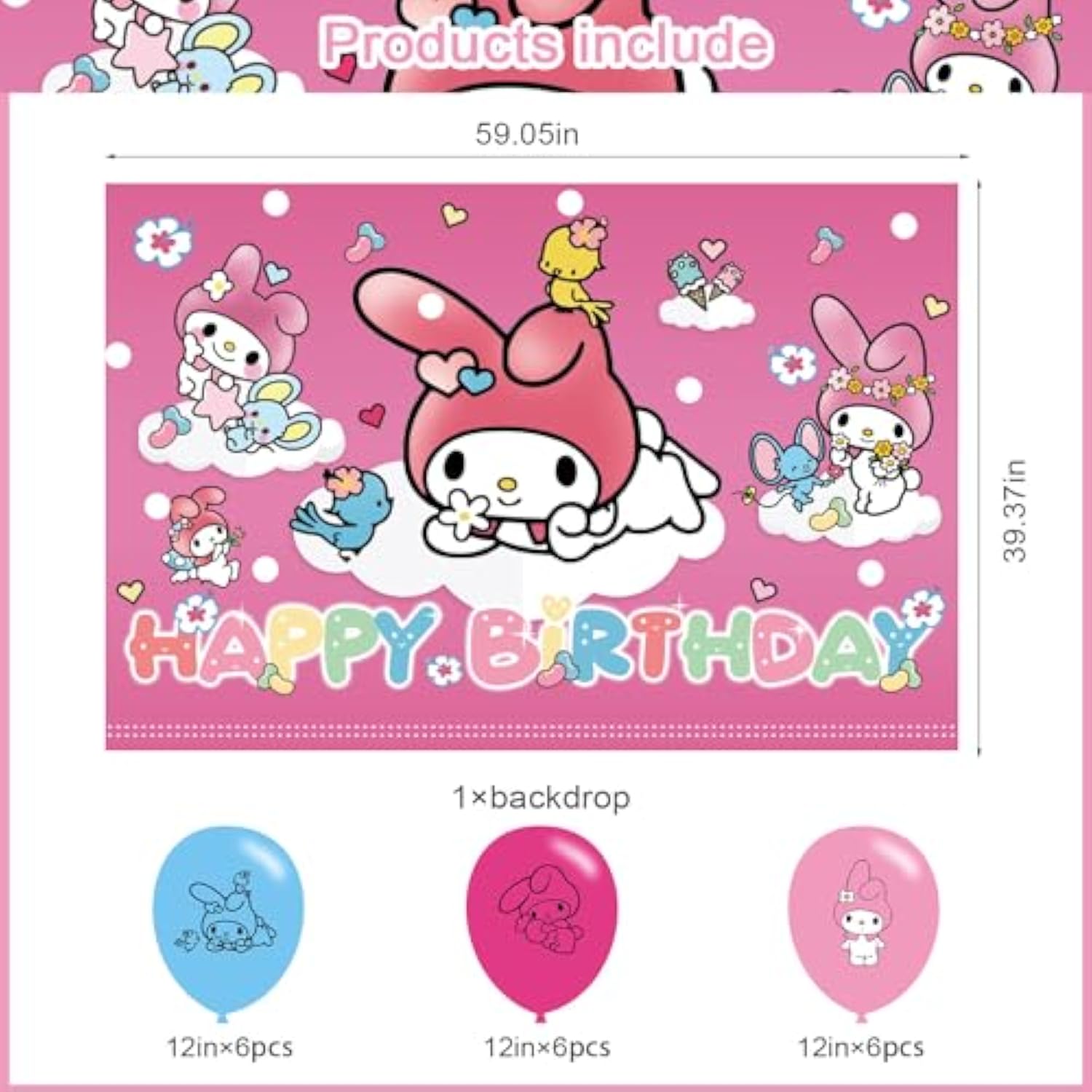 Pink My Melody Birthday Backdrop, 5x3ft Happy Birthday Banner