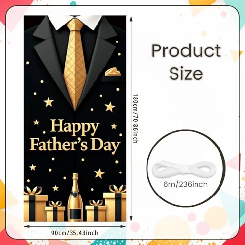 Happy Father's Day Door Cover Black Gold Suit Tie Banner Party Decorations 71x35 Inch Large Fabric Backdrop Background Sign for Indoor Outdoor Front Porch Men Dad Grandpa Celebration