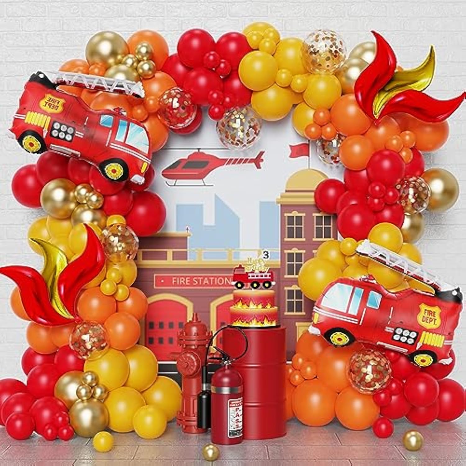 Fire Balloon Garland Arch Kit, 144Pcs Red Yellow Chrome Gold Balloons With Fire Truck Foil Balloons For Fireman Party Supplies Birthday Firefighter Rescue Themed Party Decoration (Fire)
