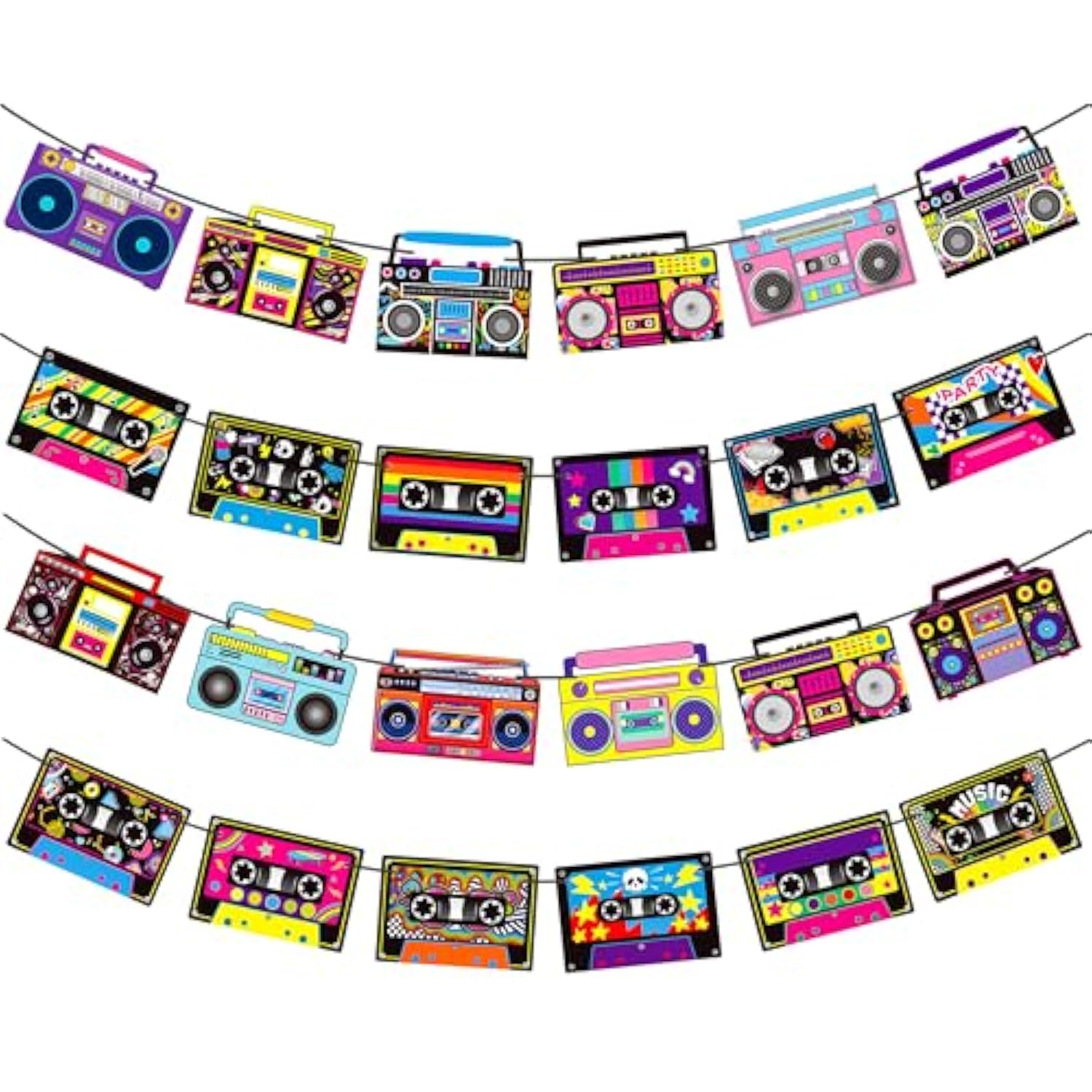 4 Pcs Cassette Tape & Boombox Banners for 80s/90s Music Parties