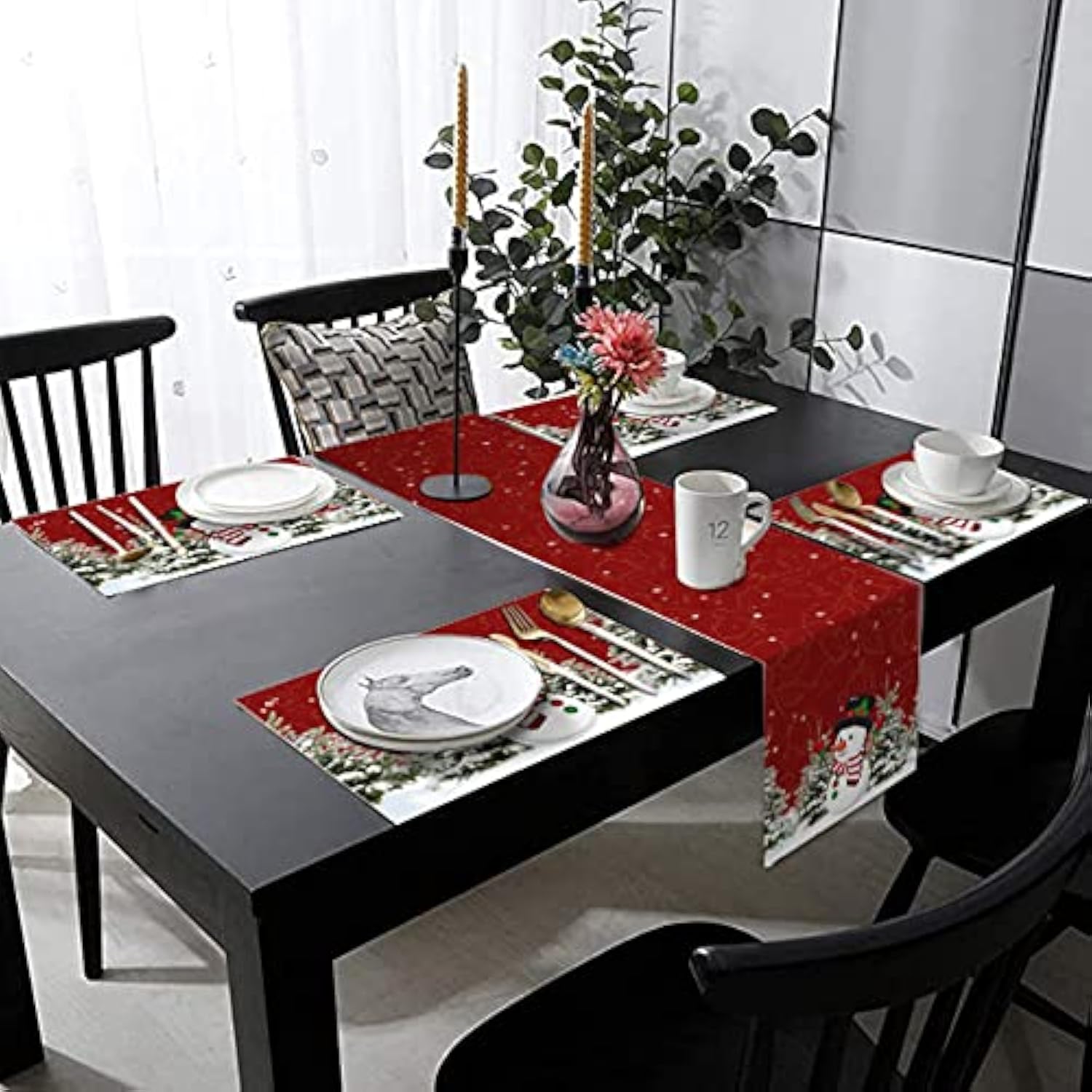 Winter Christmas Table Runner And Place Mats Set Of 7 Snowman Pine For Holiday Linen Dining Mat Sets Washable Red Home Decor 70 Inches Long