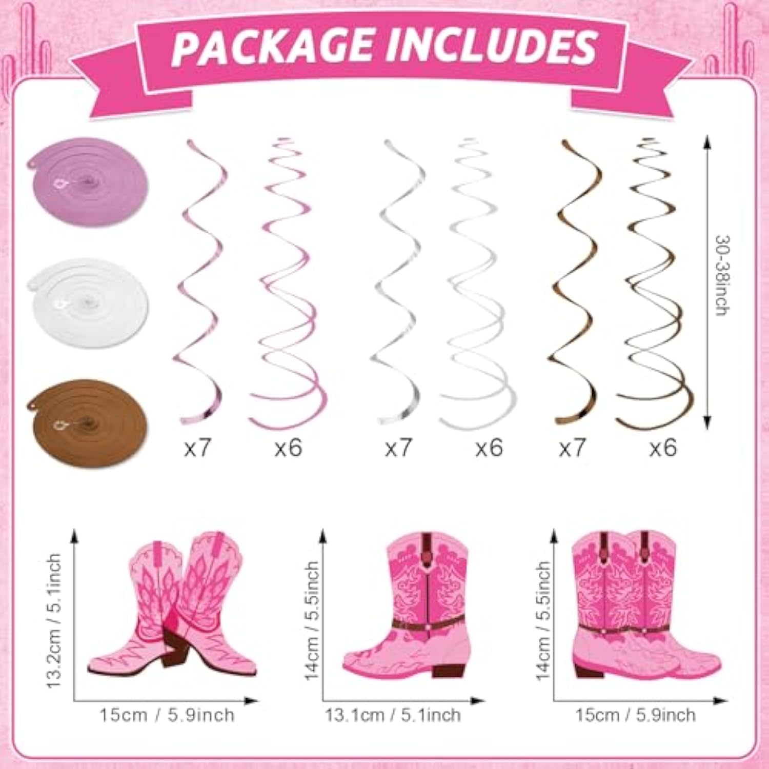60Pcs Western Cowgirl Themed Party Hanging Swirls Pink Boot Hanging Swirls Decorations Western Cowgirl Boot Banner For Retro Baby Shower Cowboy Birthday Favors Supplies