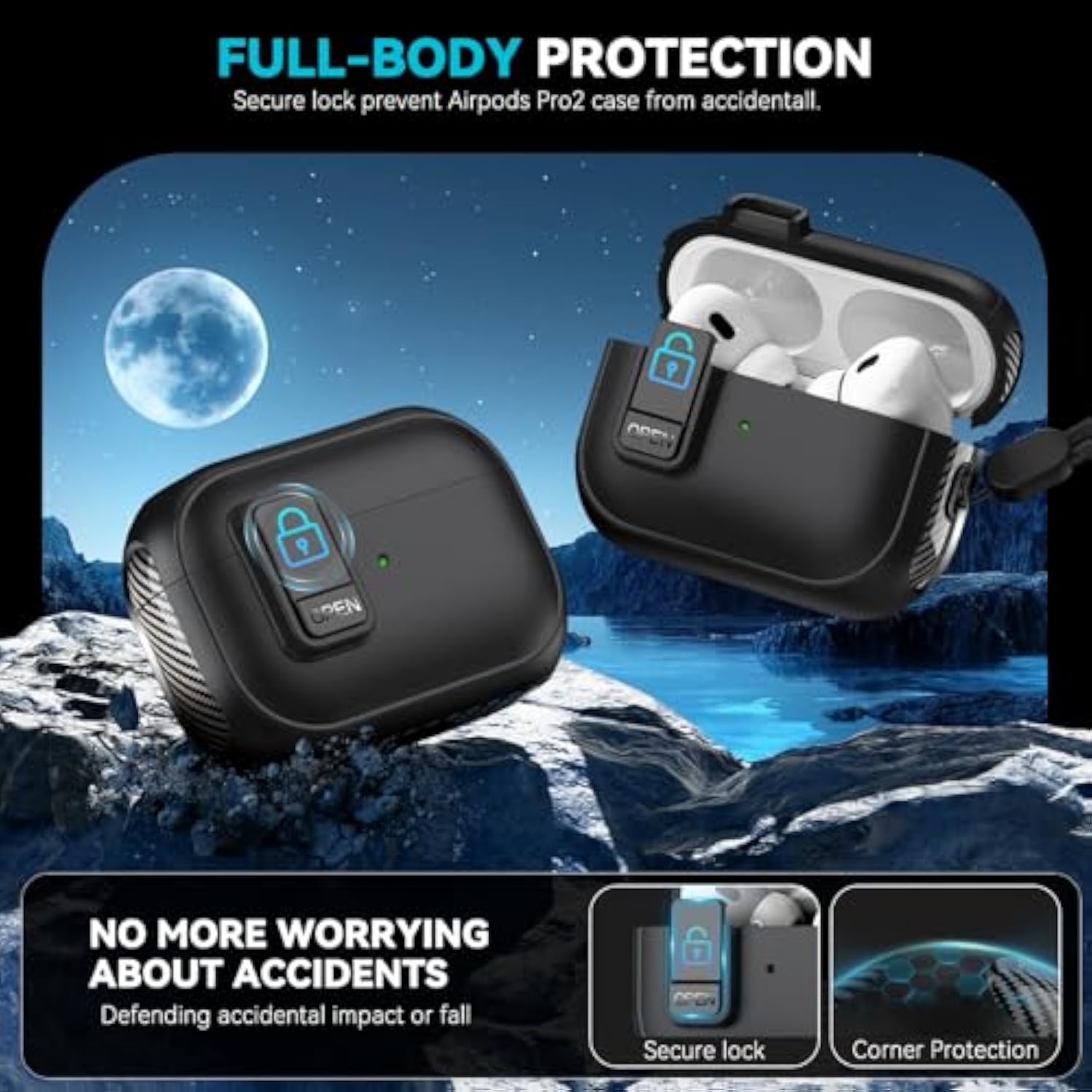 Compatible With Airpods Pro 2Nd Generation Case,?With Lock Clip? Carbon Fiber Design Protection Case For Airpods Pro 2Nd/1St Gen (2023/2022/2019) With Lanyard/Cleaning Pen - Balck