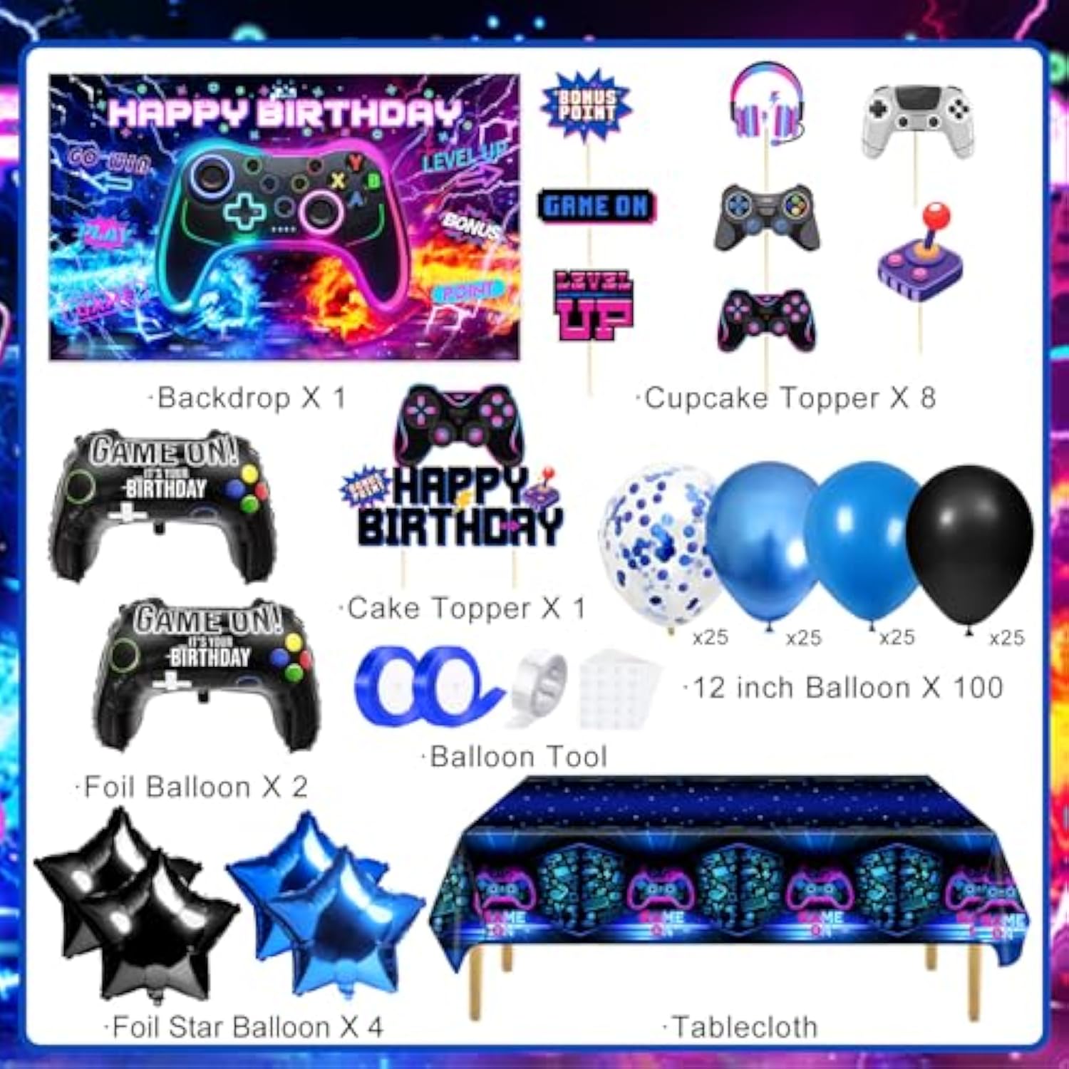 Video Game Birthday Decorations - Game Birthday Party Decorations Includes Backdrop, Foil Balloons, Tablecloth, Cake Toppers, Balloon Arch Kit For Boy Game Birthday Party
