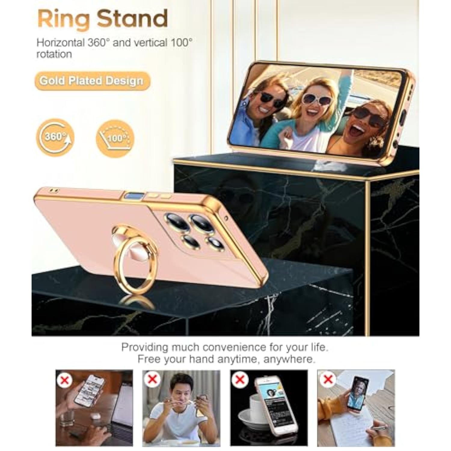 For Moto-G-5G-2025 Case: ??????? ?????? ?? ?????????? ????????? 1 Pack Tempered Glass Screen Protector And 360° Rotatable Ring Holder Magnetic Kickstand, Plating Rose Gold Edge Case, Pink